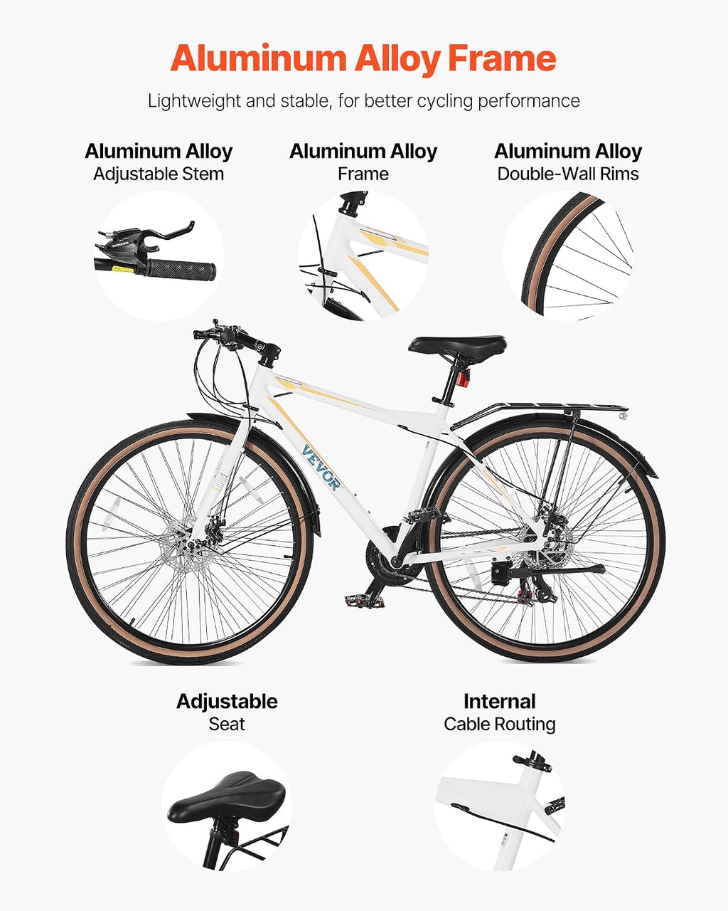 VEVOR Hybrid Bike, Lightweight Aluminum Frame Bike, 700c Wheel Men Women Hybrid Bicycle, Step-Over/Step-Through Adult Urban City Commuter Bikes, with 7/24 Speed, Alloy Adjustable Stem and Seat