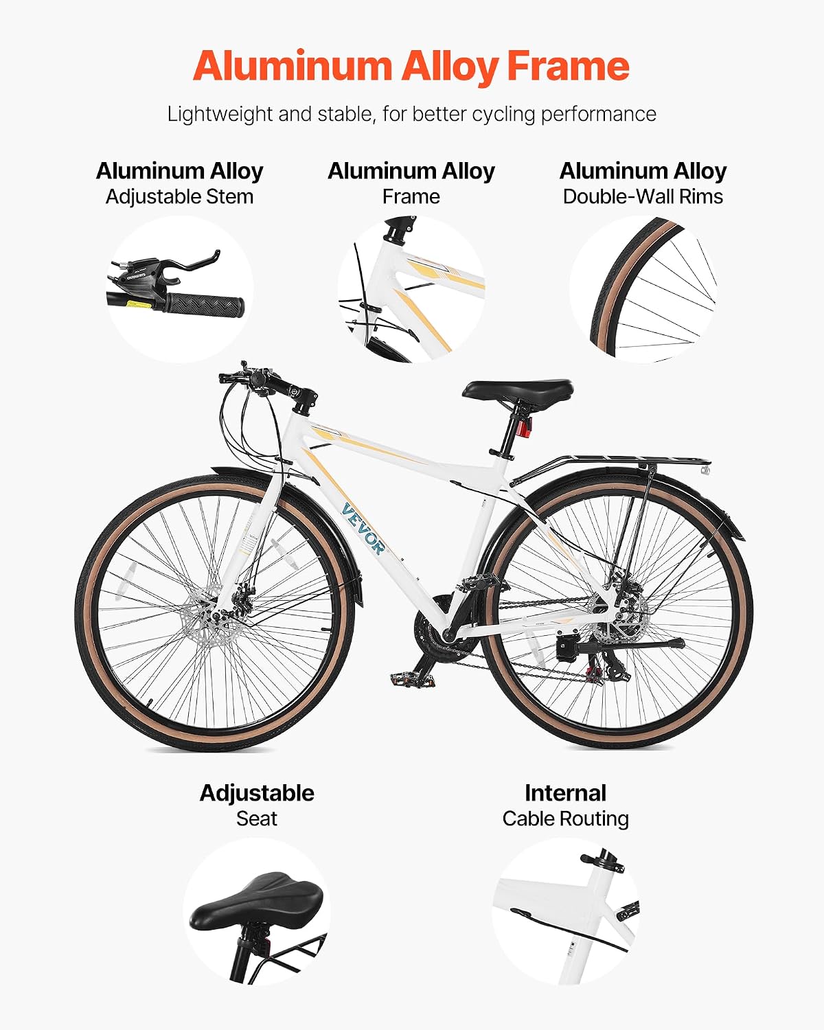 VEVOR Hybrid Bike, Lightweight Aluminum Frame Bike, 700c Wheel Men Women Hybrid Bicycle, Step-Over/Step-Through Adult Urban City Commuter Bikes, with 7/24 Speed, Alloy Adjustable Stem and Seat