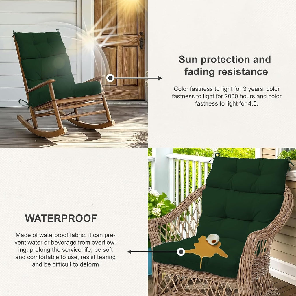 Outdoor High Back Chair Cushions 2-Pack, 44'x22'x 4' Fade-Resistant Waterproof Tufted Pads with Ties for Patio Rocking & Adirondack Chairs (Dark Green)