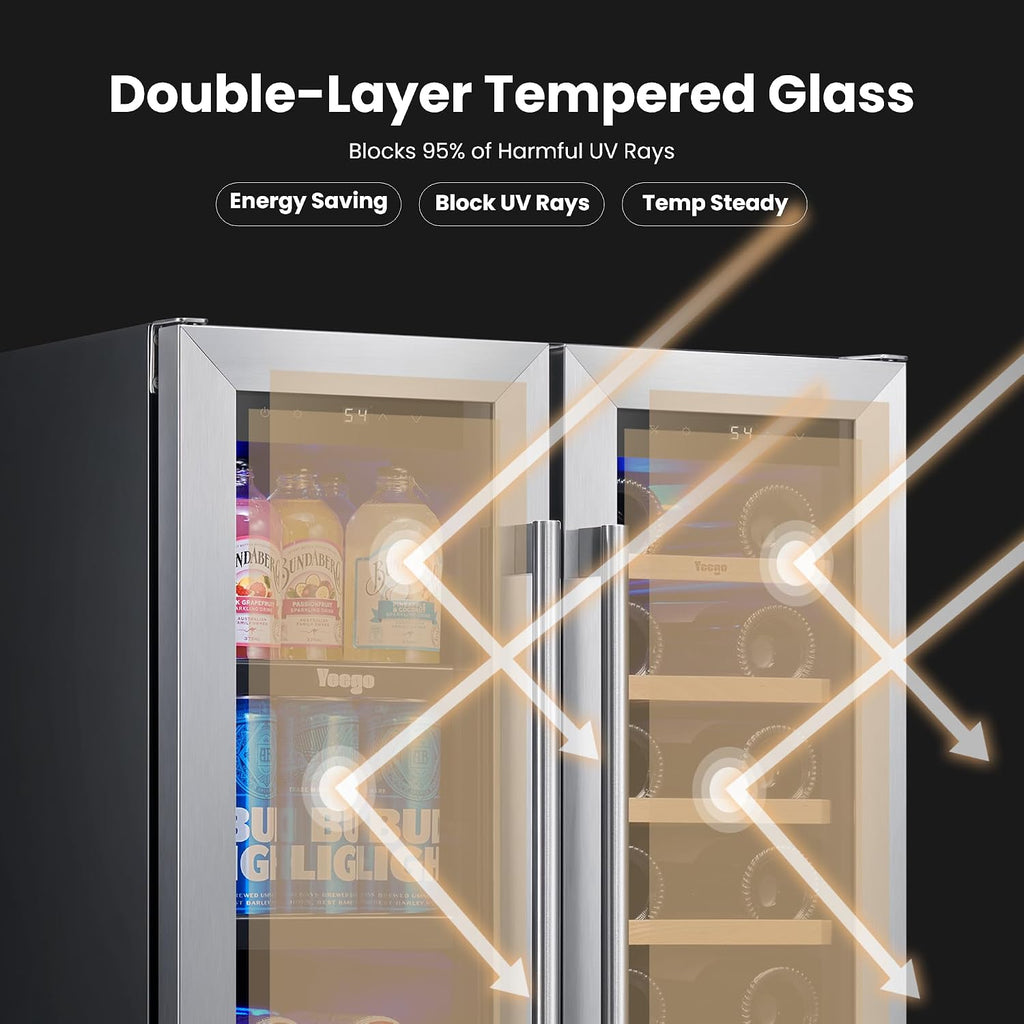 Yeego Wine & Beverage Refrigerator, 24 Inch 60 Cans and 20 Bottles Dual Zone Wine Cooler with Glass Door, 36-72°F Drink Cooler for Built-in or Freestanding, For Kitchen,Bar or Office