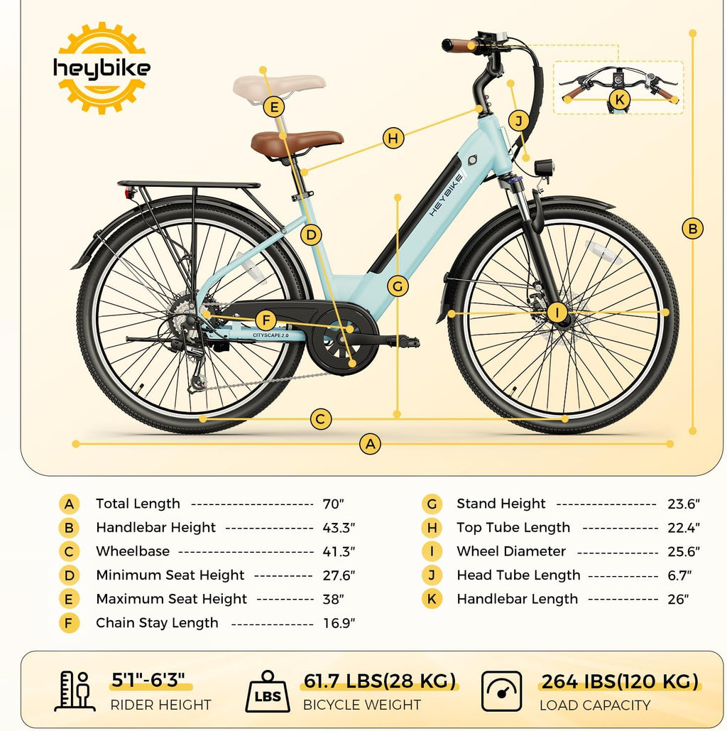 Heybike Cityscape 2.0 Electric Bike for Adults with Peak 1200W Motor, 468Wh Removable Battery, 50Miles 26' Electric Commuter Bike, 7-Speed,UL Certified