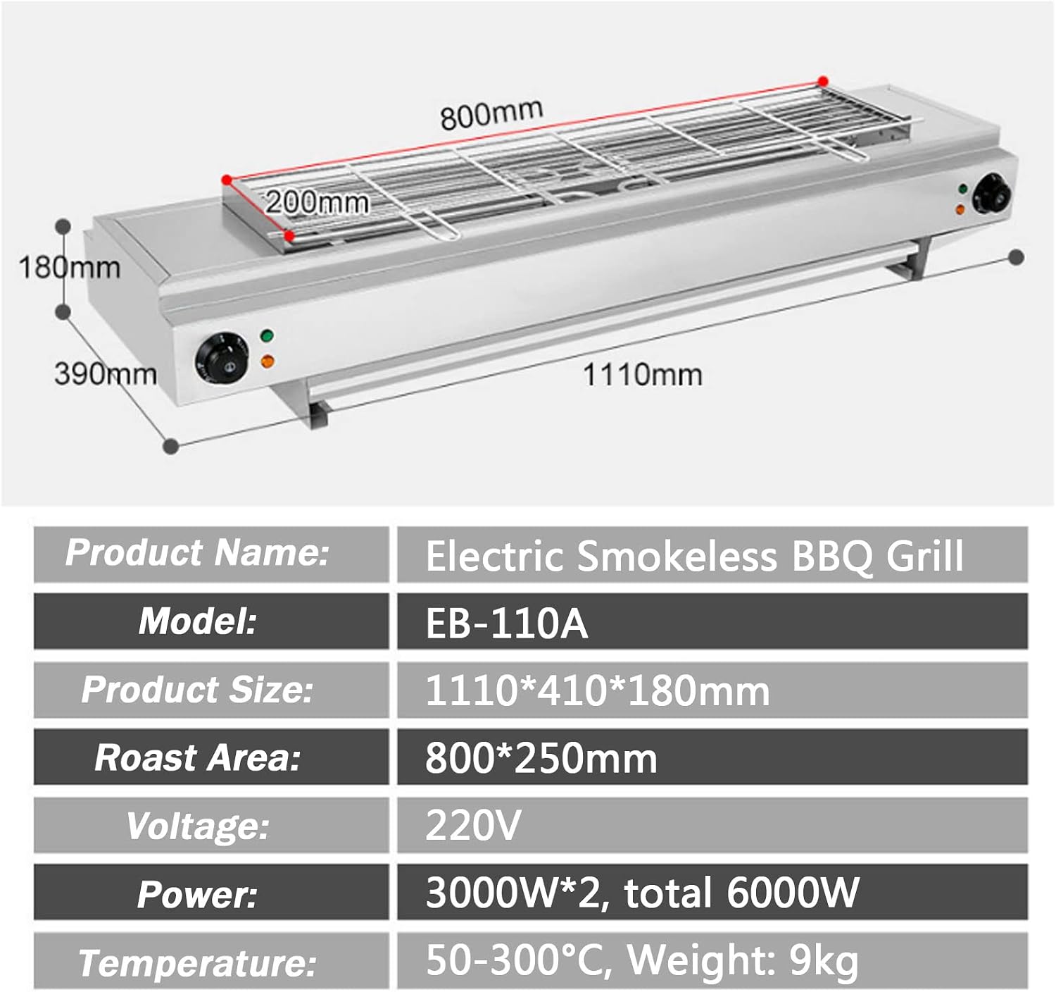 Smokeless Electric Portable BBQ Kebab Grill, Healthy Electric Grill with Adjustable Temperature and Drip Tray, Indoor and Outdoor Tabletop Grill (Eb 110a)