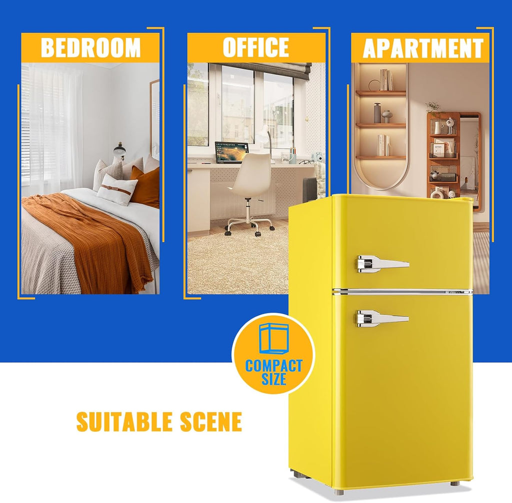 WANAI 3.5 Cu.Ft Retro Refrigerator 2 Door Mini Fridge with Freezer and 2 Handles 7 Level Adjustable Thermostat Control Top-Freezer Refrigerator for Home Dorm Apartment Yellow