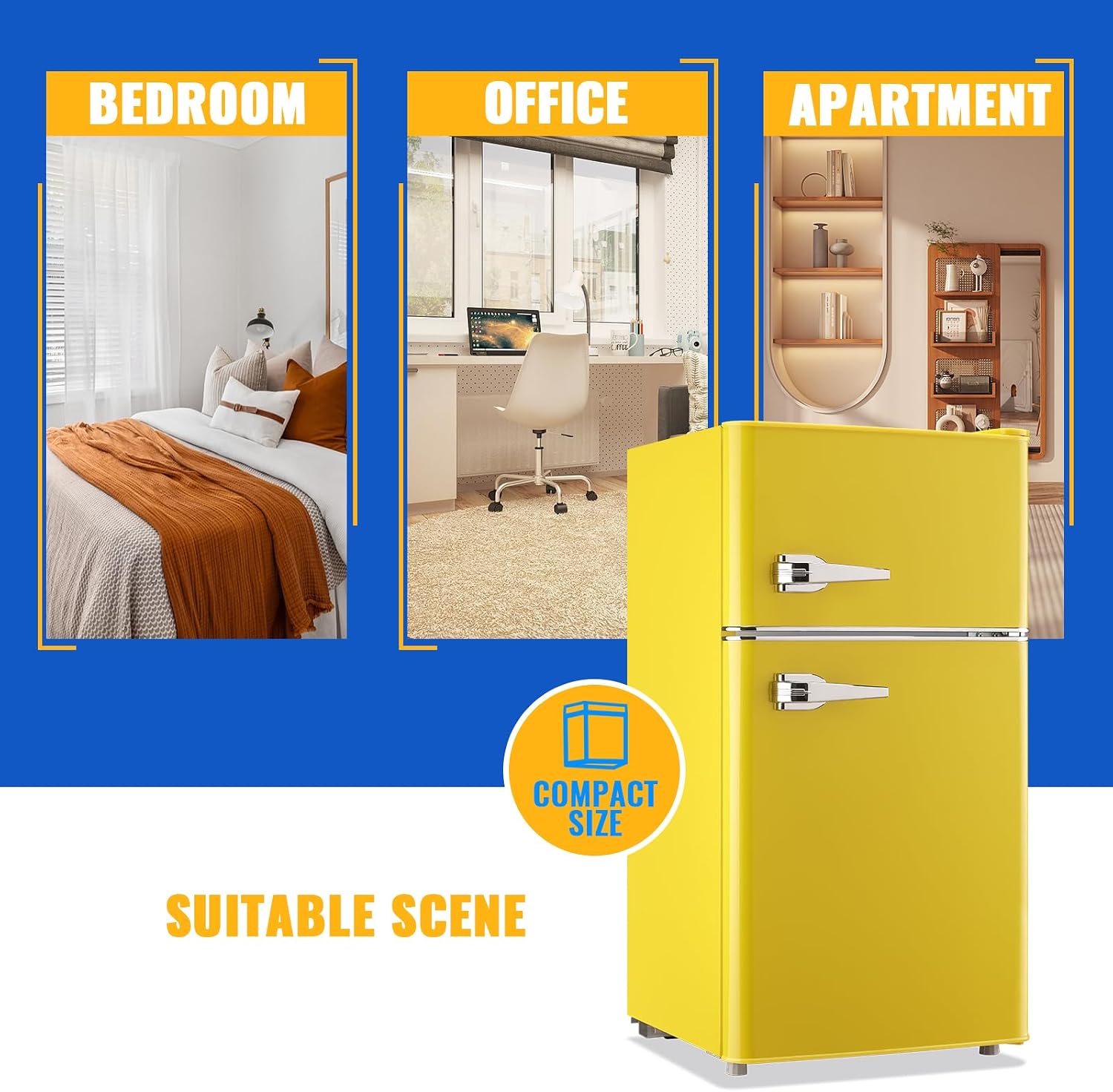 WANAI 3.5 Cu.Ft Retro Refrigerator 2 Door Mini Fridge with Freezer and 2 Handles 7 Level Adjustable Thermostat Control Top-Freezer Refrigerator for Home Dorm Apartment Yellow