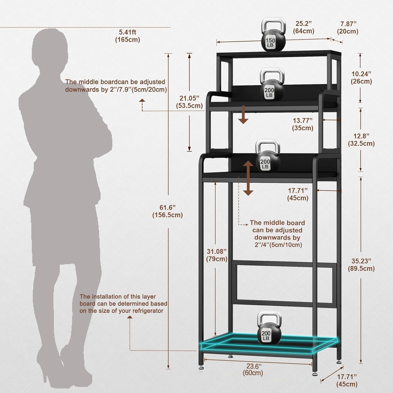 COCOLUCKY 4-Tier Mini Fridge Stand with Storage, Microwave Stand,Multi-Functional Mini Fridge Shelf Cabinet,Baker Rack Organizer for Dorm, Apartment,Small Kitchen,Office,Living Room(Black Wood Grain)