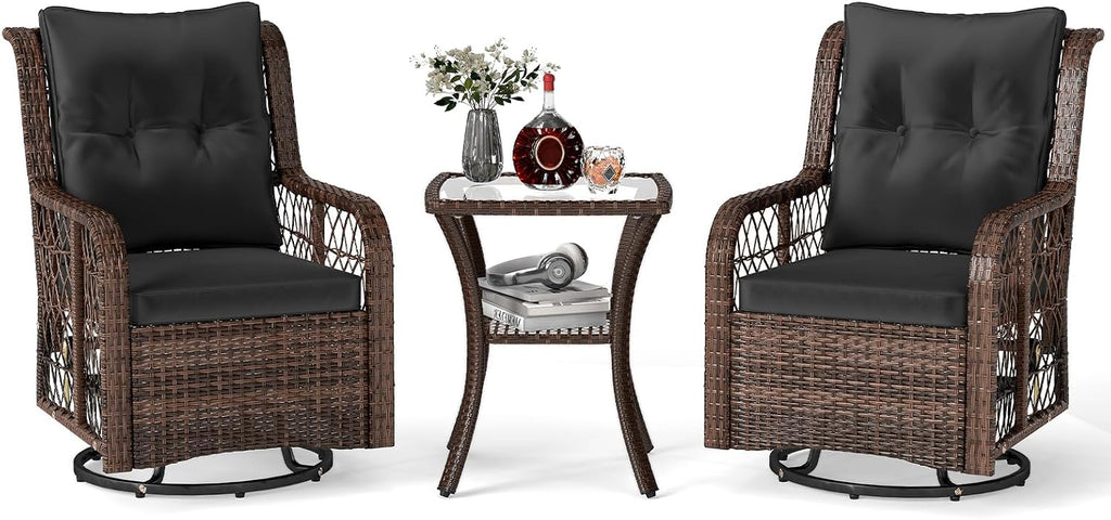 Tangkula 3 Pieces Outdoor Swivel Rocker Set, Rattan Wicker Patio Rocking Cushioned Chairs Set of 2 with Small Side Table, for Backyard, Poolside, Balcony, Lawn, Deck