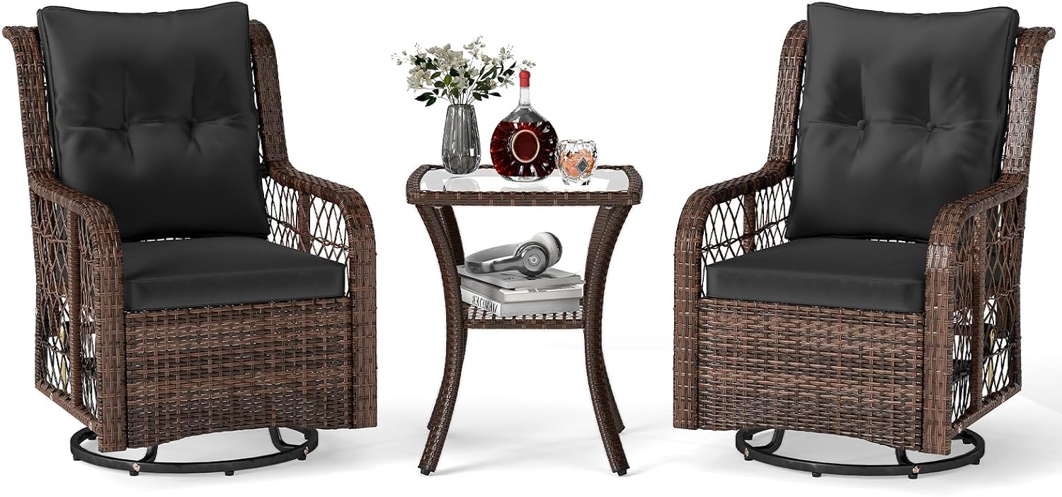 Tangkula 3 Pieces Outdoor Swivel Rocker Set, Rattan Wicker Patio Rocking Cushioned Chairs Set of 2 with Small Side Table, for Backyard, Poolside, Balcony, Lawn, Deck