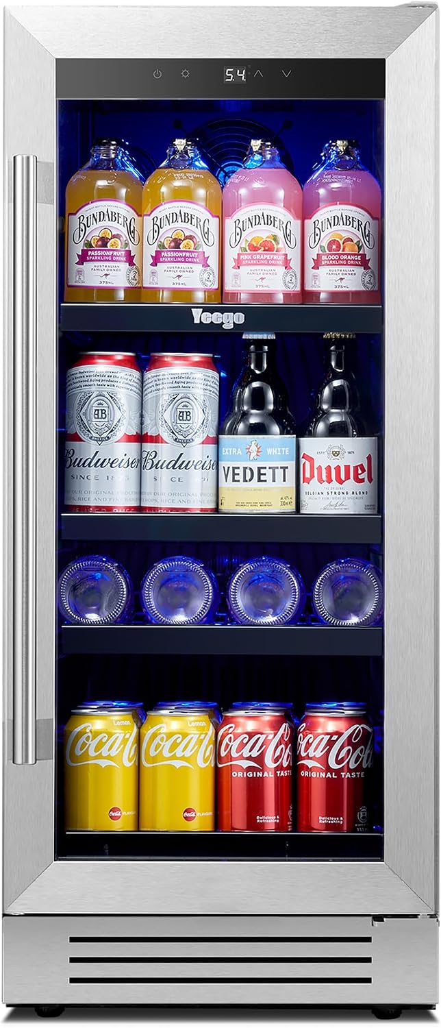 Yeego Beverage Refrigerator - 14 inch 70 Cans Mini Fridge with Glass Door, 34-54 ℉ Drink Cooler, Built-in or Freestanding for Wine Beer Soda Bar Office Home Dorm