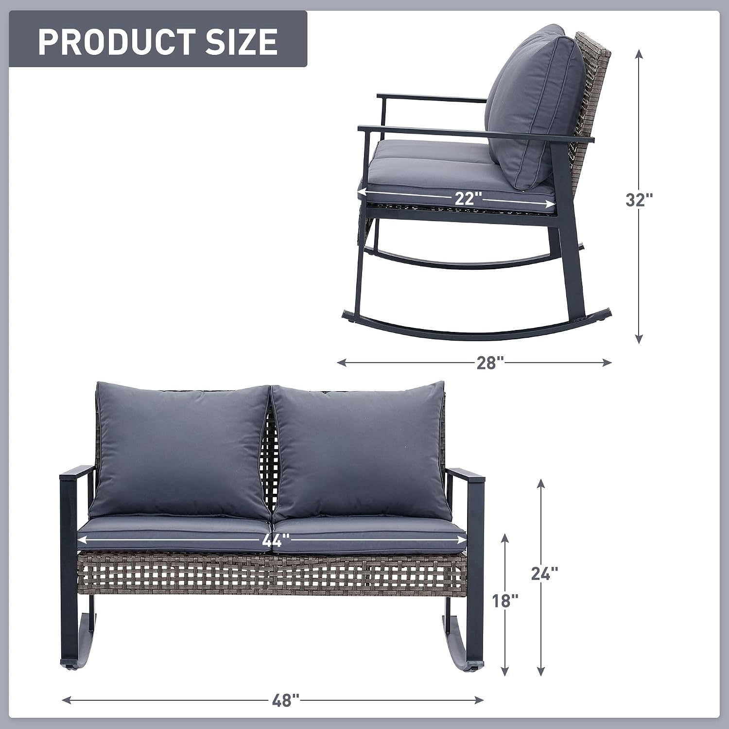 GDY Outdoor Wicker Loveseat Rocking Chair, Patio Outdoor Furniture Conversation Sets, Rattan Rocker Chair with Cushions, Modern Cozy Rocking Wicker Furniture for Garden, Porch, Poolside & Deck, Grey.