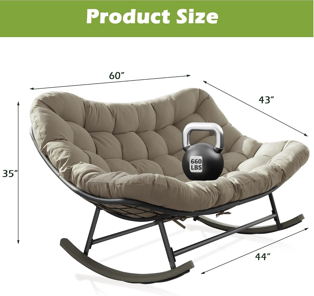 Double Papasan Rocking Chair Outdoor & Indoor, 660LBS Capacity Oversized Patio Rocking Chair for 2-Person with Thick Cushion and Frame,Egg Rocking Chair for Garden, Deck, Living Room,Brown