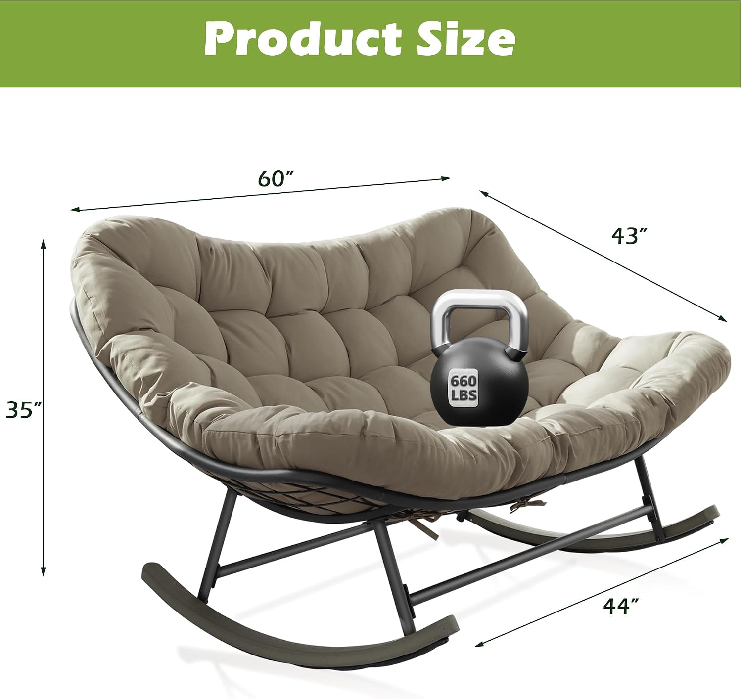 Double Papasan Rocking Chair Outdoor & Indoor, 660LBS Capacity Oversized Patio Rocking Chair for 2-Person with Thick Cushion and Frame,Egg Rocking Chair for Garden, Deck, Living Room,Brown