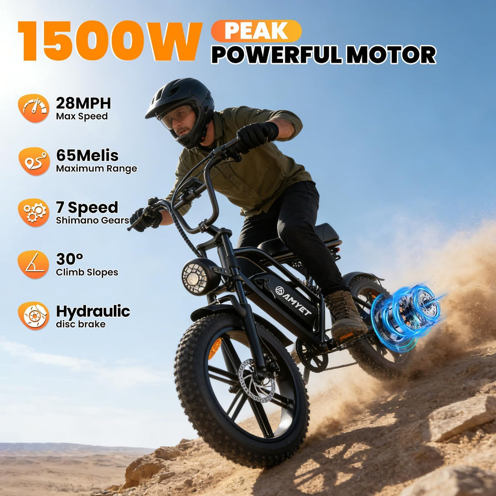 AMYET V9-G60 Electric Bike for Adults, 48V 20Ah(960WH) Ebike with Removable Battery, 20' Fat Tire E Dirt Bike,Dual Shock Absorber, Adults Electric Bike with UL 2849 Certificaed