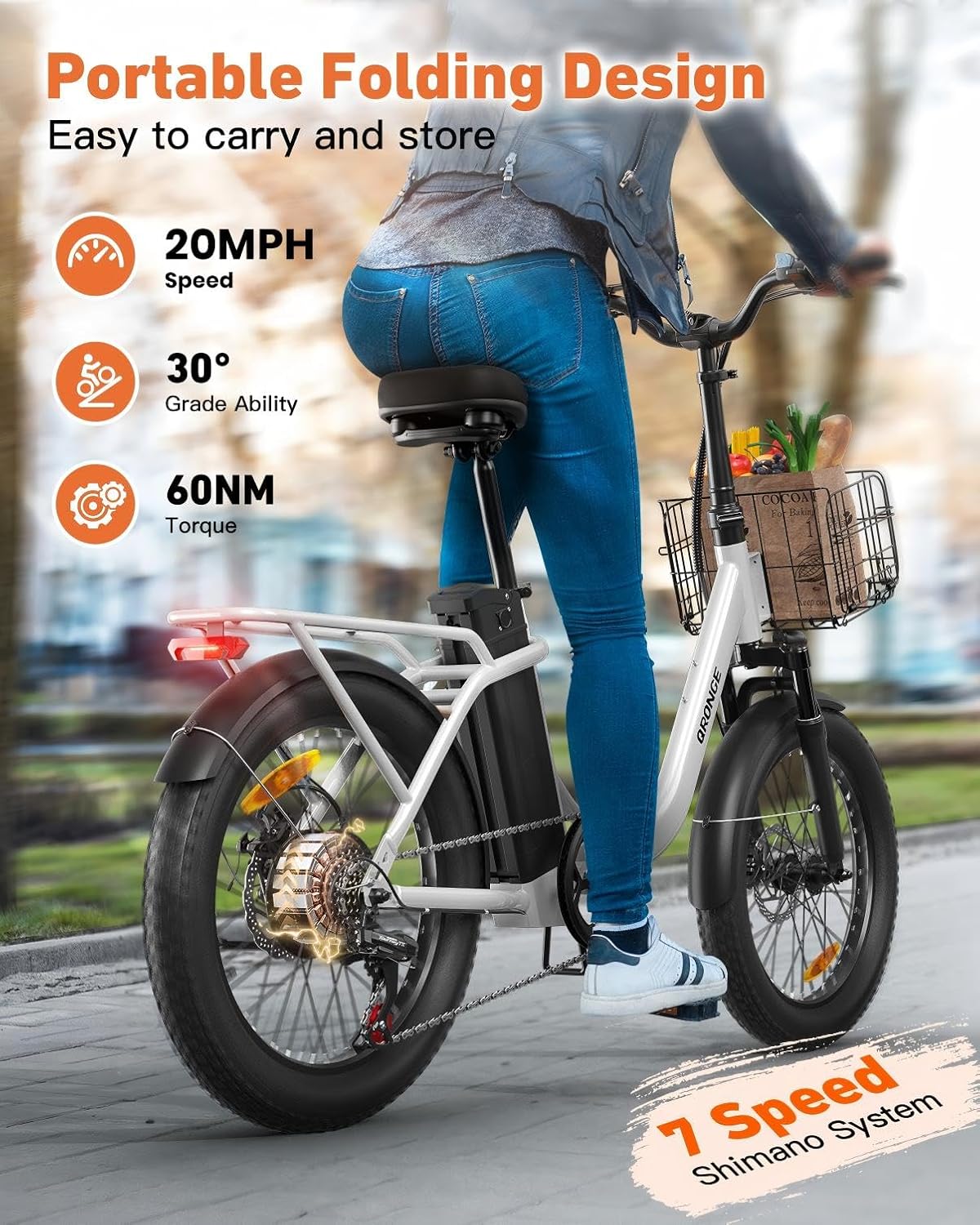 QRONGE Electric Bike, 1000W Peak Folding Electric Bike, 486Wh 70 Miles Range Ebike, Waterproof Removable Battery, 7 Speed, 25 MPH Max, 20' Step-Thru Bicycle with Front Basket