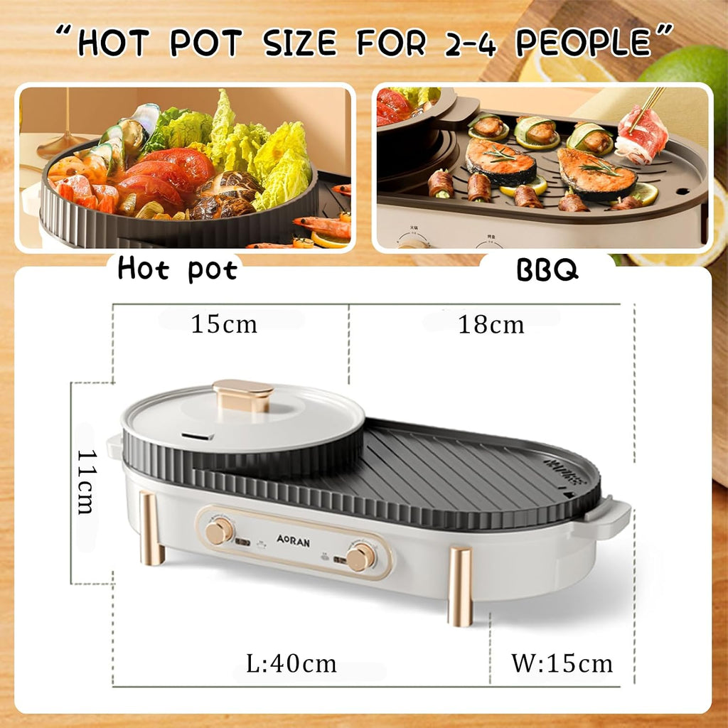 Household Electric Hot Pot with Grill, Teppanyaki Grill Pot and BBQ Pan, Independent Temperature Control, Non-stick Coating, Easy to Clean, For 2-4 People to Enjoy, 1700 W