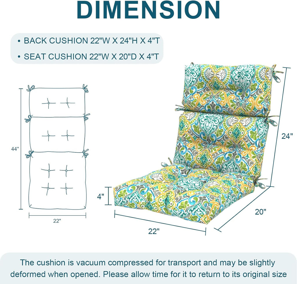 DYTXIII Outdoor High Back Chair Cushions Set of 2, Water Repellent Tufted Rocking Seat Cushions Replacement 44 x 22 Inch, Seat & Back Chair Pads for Patio, Balcony and Indoor Use -Damask Green