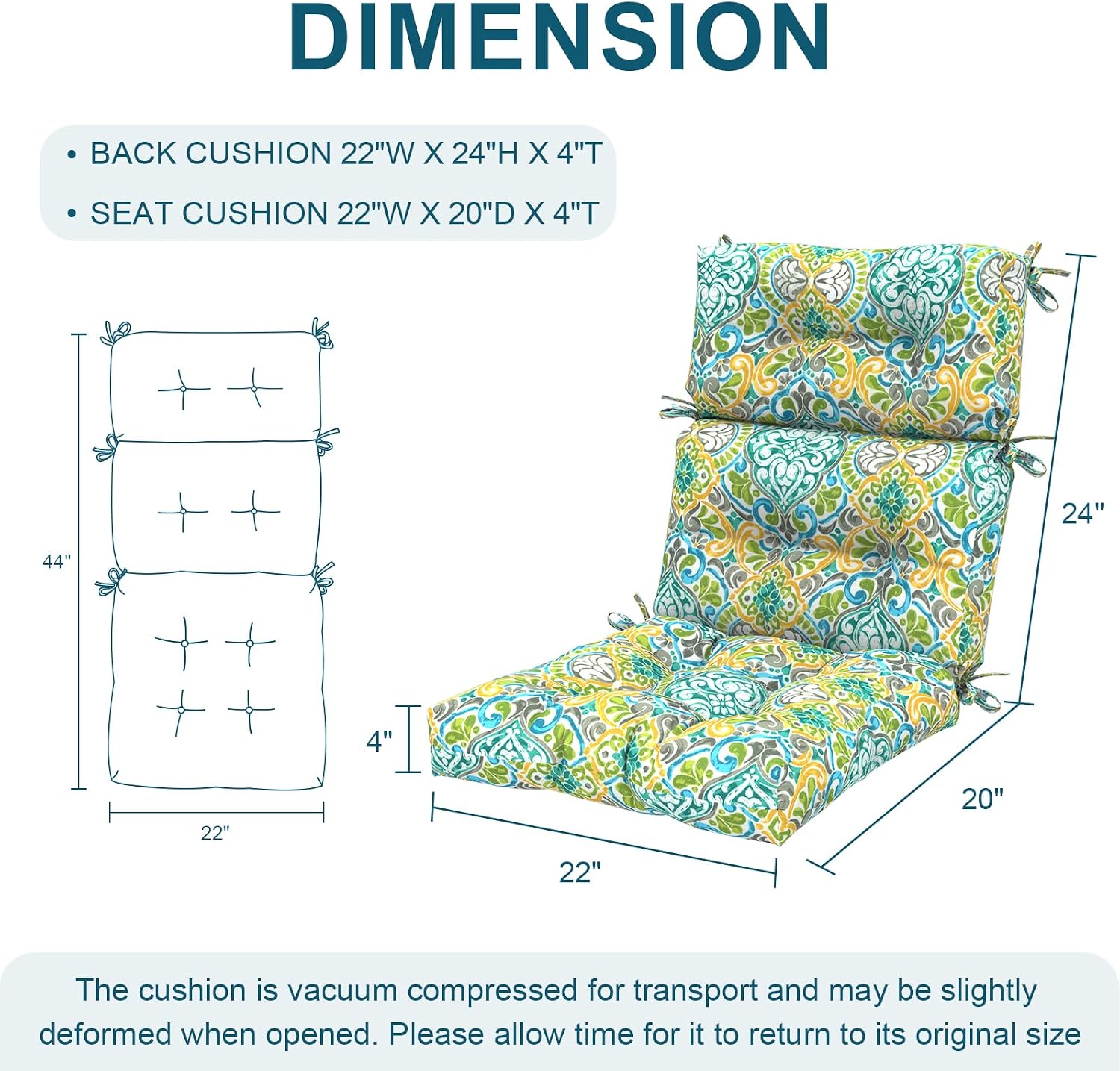 DYTXIII Outdoor High Back Chair Cushions Set of 2, Water Repellent Tufted Rocking Seat Cushions Replacement 44 x 22 Inch, Seat & Back Chair Pads for Patio, Balcony and Indoor Use -Damask Green