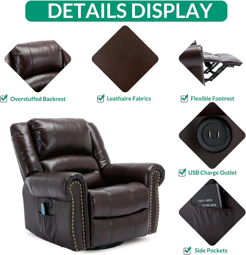 VIVIJASON Manual Rocker Recliner Chair, 360° Swivel Glider Rocking Chair with Heat & Vibration Massage, Faux Leather Reclining Chair with Remote Control, Side Pockets & USB Ports for Living Room