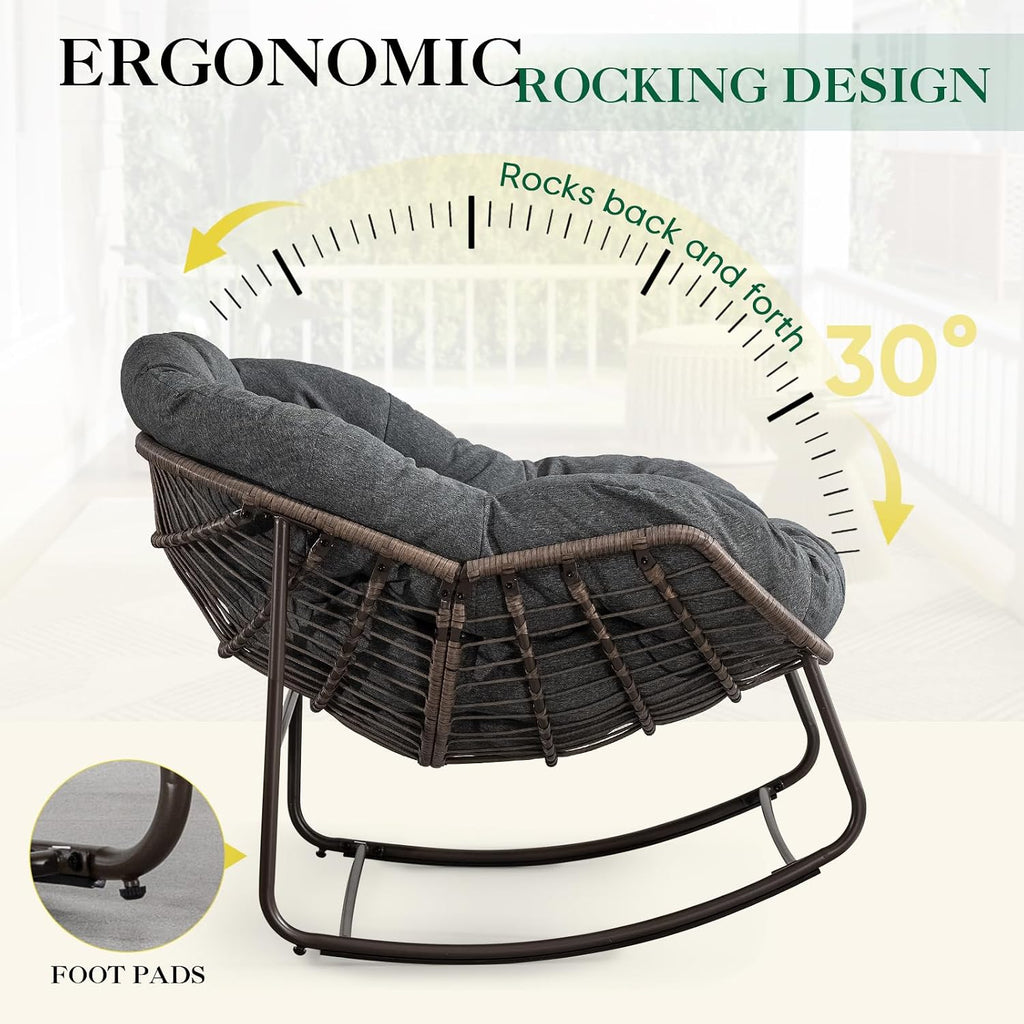 Deolme Large Papasan Rocking Chair Set of 2 with Cushion, Oversized Comfy Reading Chair Lounging Indoor Outdoor Rocker for Front Porch Backyard Bedroom Living Room Egg Chair Rattan (Dark Grey)