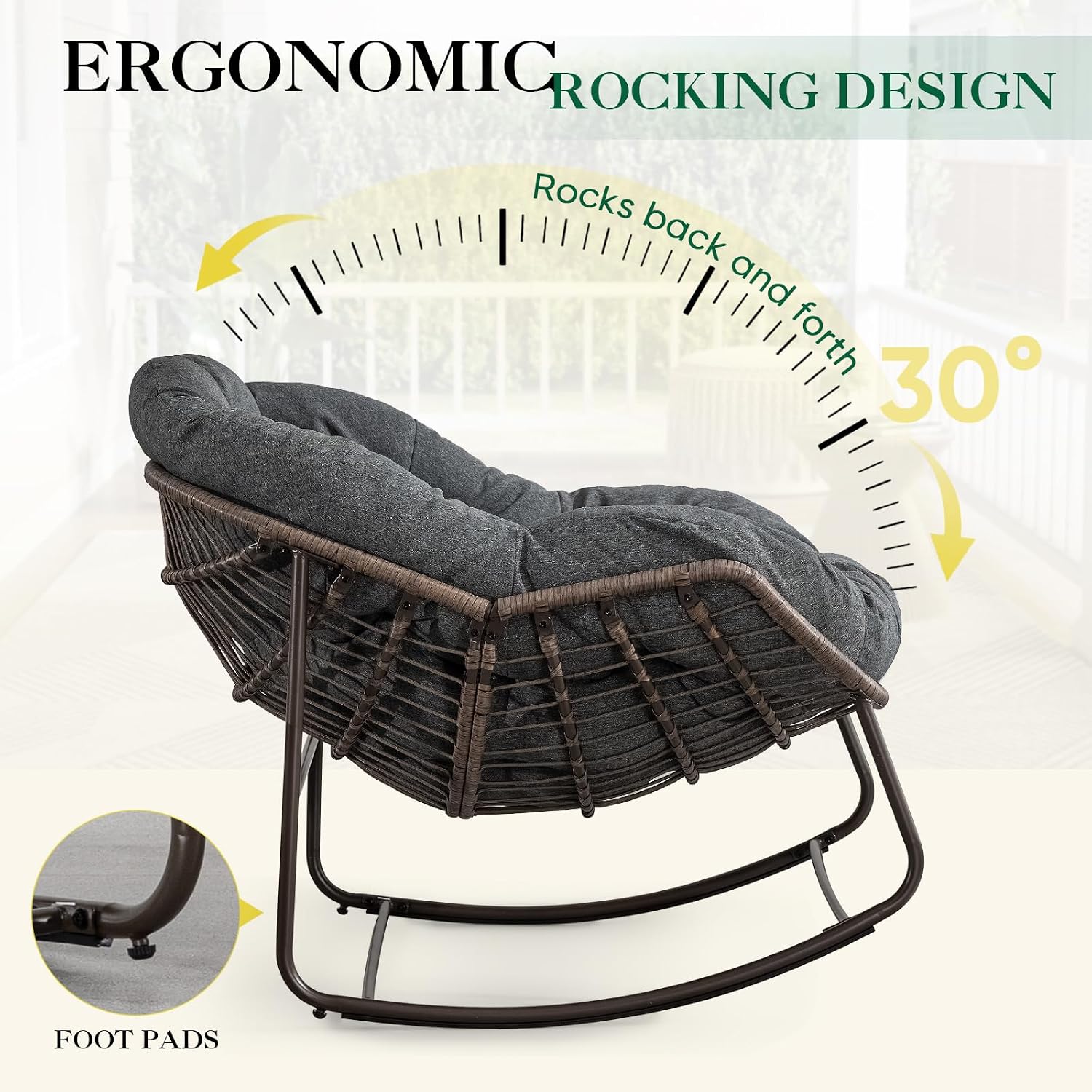 Deolme Large Papasan Rocking Chair with Cushion, Oversized Comfy Reading Chair Lounging Indoor Outdoor Rocker for Front Porch Backyard Bedroom Living Room Egg Chair Rattan (Dark Grey)