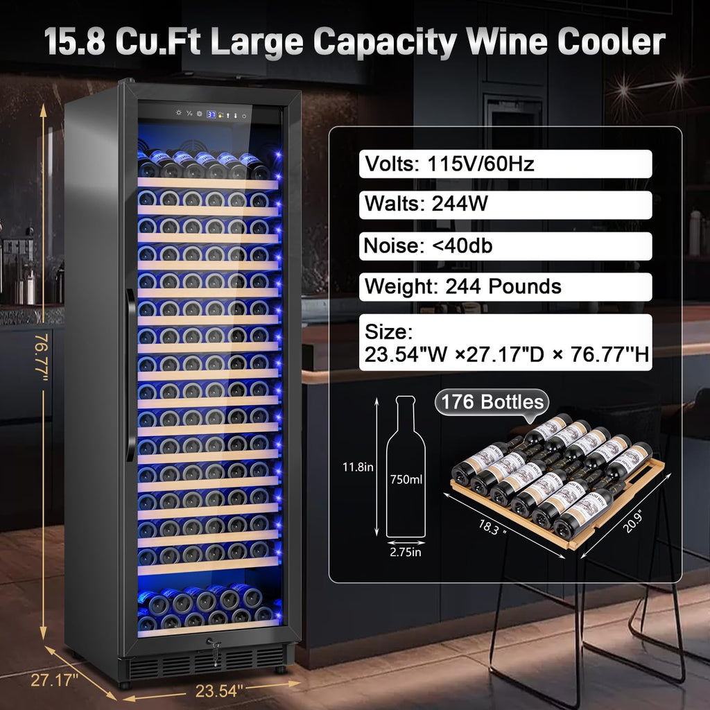 Velivi Wine Cooler-Wine Refrigerator 24 Inch Wide Large Freestanding/Built in Wine Fridge for 176 Bottles with Safety Lock Cellar Chiller Low Noise, Fast Cooling, Black