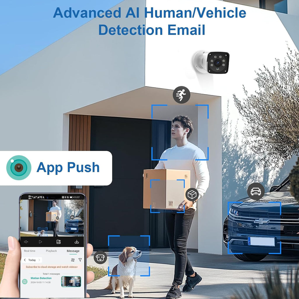 H.265+ Wired Security Camera DVR Kit System with AI Human Vehicle Detection, 4X 1920P 5MP IP67 Metallic Indoor/Outdoor Cameras IR Night Vision, 4K NVR 500GB HDD Included for 24/7 Recording