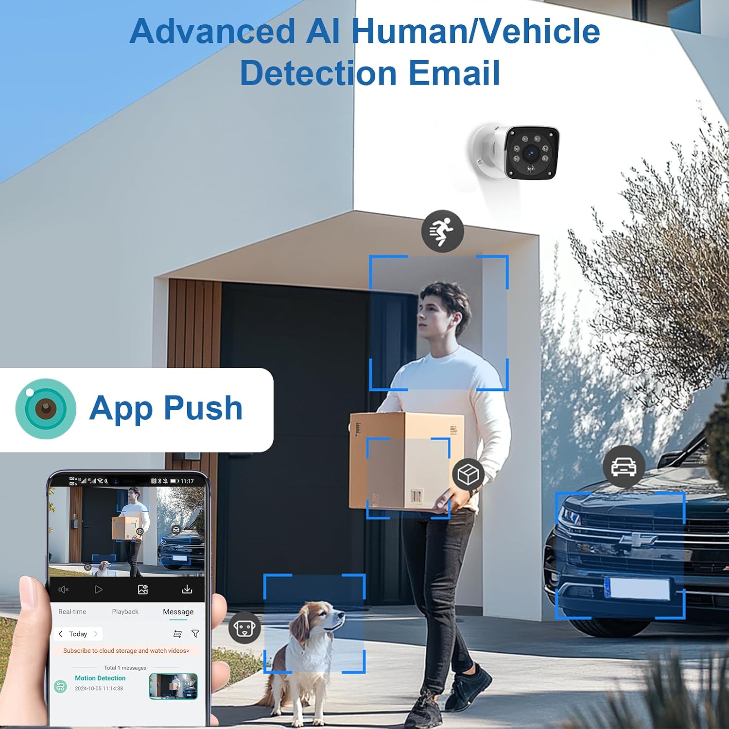 H.265+ Wired Security Camera DVR Kit System with AI Human Vehicle Detection, 4X 1920P 5MP IP67 Metallic Indoor/Outdoor Cameras IR Night Vision, 4K NVR 500GB HDD Included for 24/7 Recording