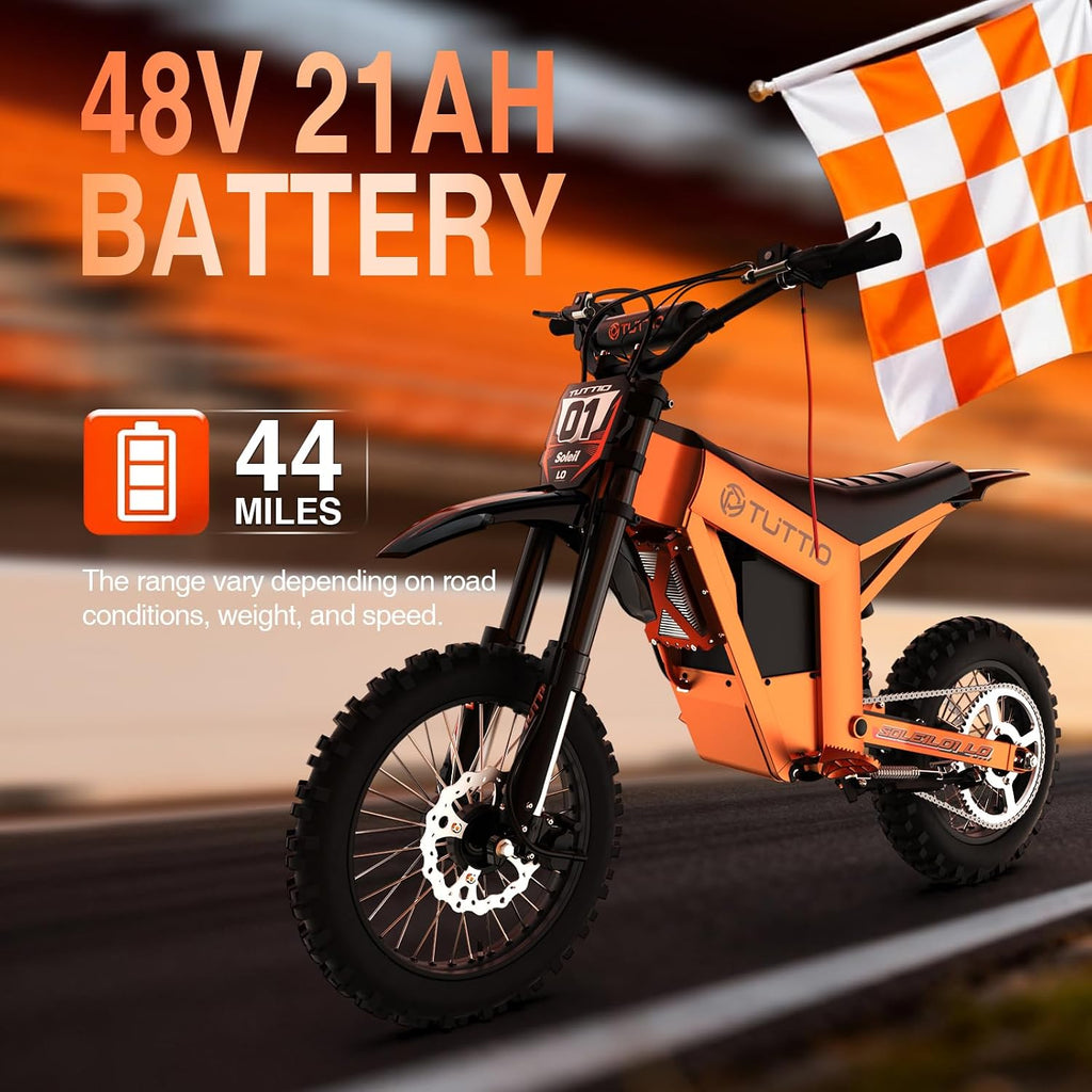TUTTIO Soleil01-LO 3000W Mid-Drive Electric-Dirt-Bike for Teens & Adults - 37MPH, 220Nm, 48V 21Ah Removable Battery, Full Suspension Off-Road Electric Motorcycle, 14'/12' Tires for Mountain Adventure