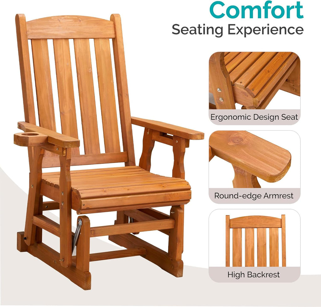 Bonnlo Outdoor Glider Chair Wood Patio Glider with Cup Holder, Porch Glider with Smooth Rocking Mechanism, Heavy Duty 600 LBS