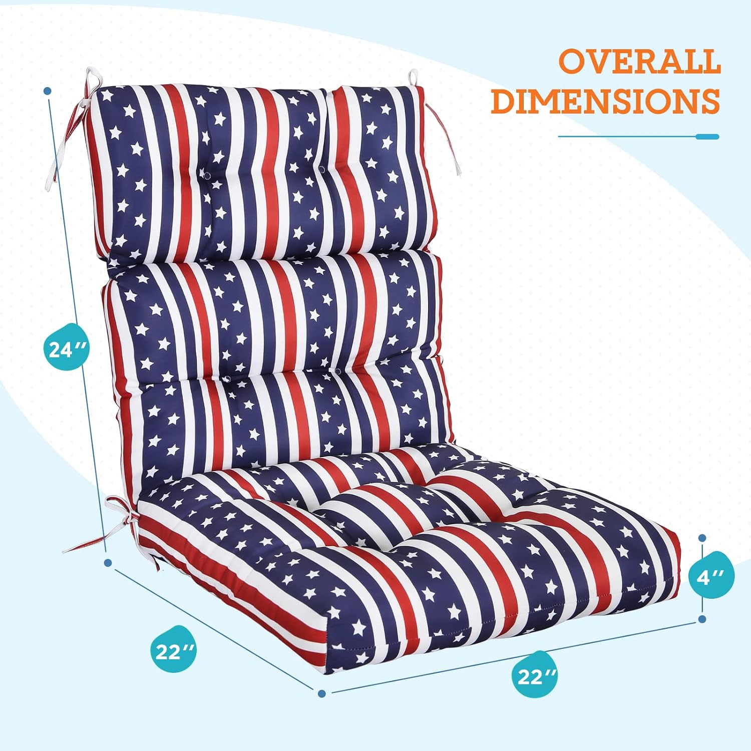 EAGLE PEAK Tufted Outdoor/Indoor High Back Patio Chair Cushions, Set of 2, 46'' x 22'', American Flag