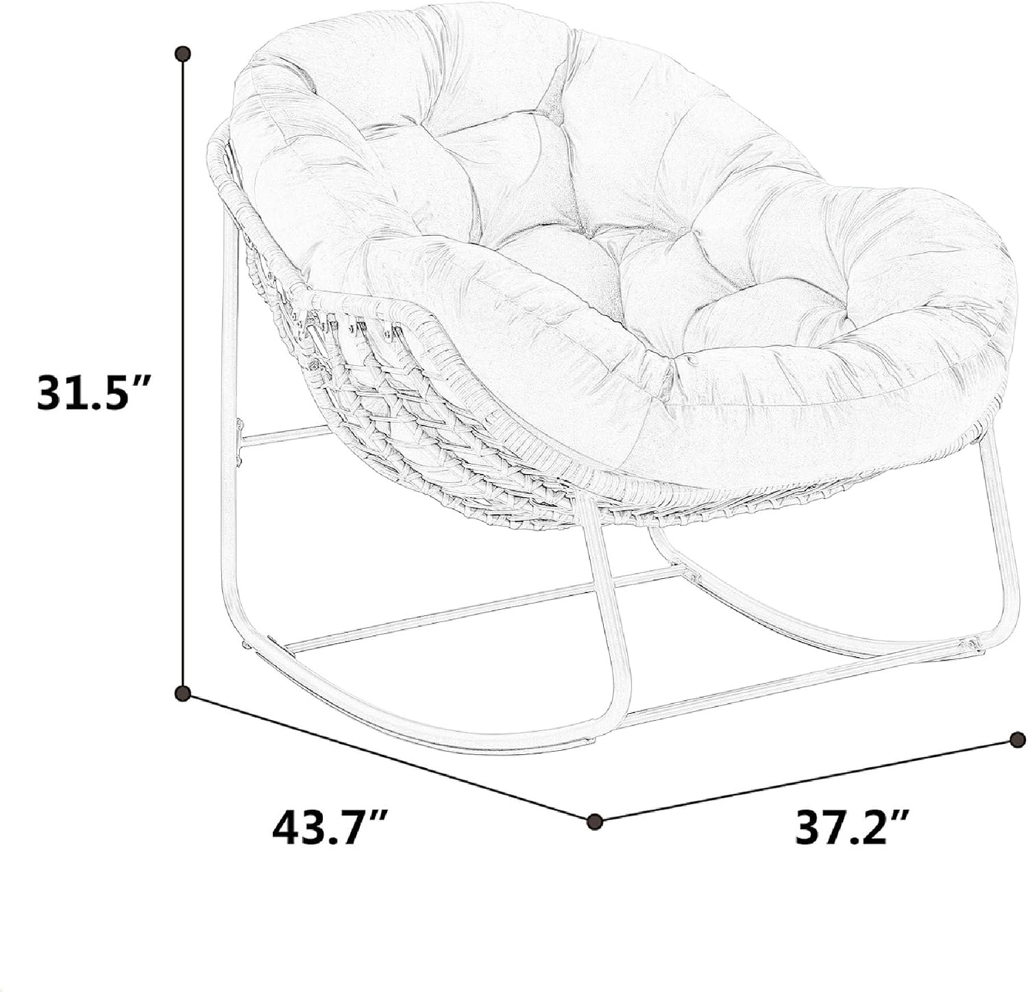 KEIKI Oversized Patio Lounge Chair-Outdoor Rattan Egg Reading Chair, Indoor Padded Cushion Papasan Rocking Chair W/Steel Frame, Porch Rocker Chairs Furniture for Garden Lawn, Grey Velvet
