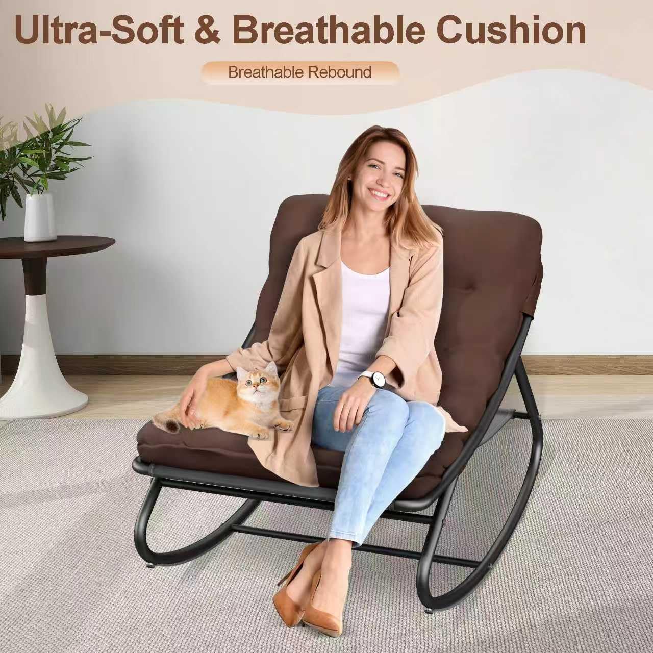 Outdoor and Indoor Rocking Chairs, Comfy Patio Chair, Rocking Chair with Ottoman and Sturdy Metal Frame, Balcony Chairs with Thickened Cushion, Silla Mecedora for Patio Porch Garden Living (Brown)