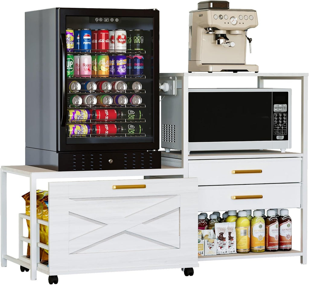 Mini Fridge Stand with Storage Drawers, Farmhouse Mini Fridge and Microwave Stand with Power Outlet & Cabinet, Kitchen Bakers Rack with Storage Shelf and for Home Dorm Office Bar, White
