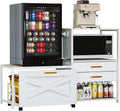 Mini Fridge Stand with Storage Drawers, Farmhouse Mini Fridge and Microwave Stand with Power Outlet & Cabinet, Kitchen Bakers Rack with Storage Shelf and for Home Dorm Office Bar, White