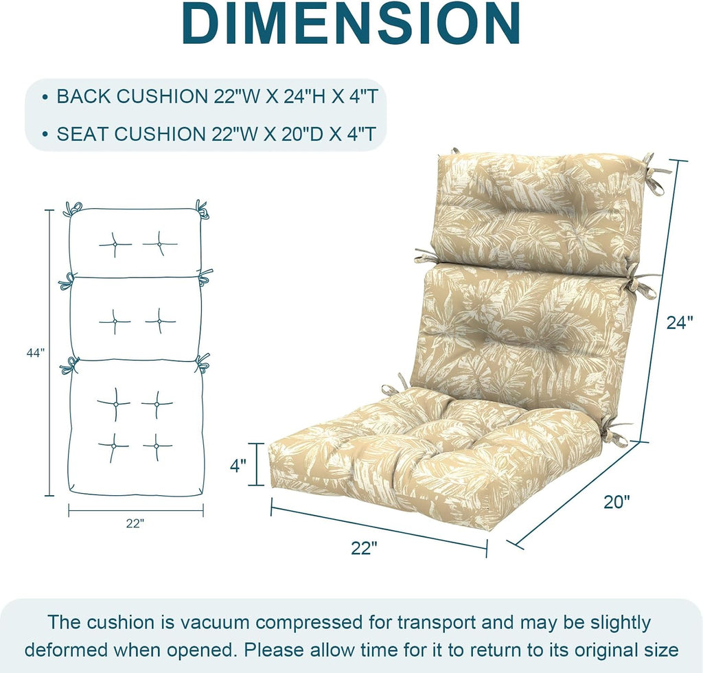 DYTXIII Outdoor High Back Chair Cushions Set of 2, Water Repellent Tufted Rocking Seat Cushions Replacement 44 x 22 Inch, Seat & Back Chair Pads for Patio, Balcony and Indoor Use -Tropical Leaf Oat