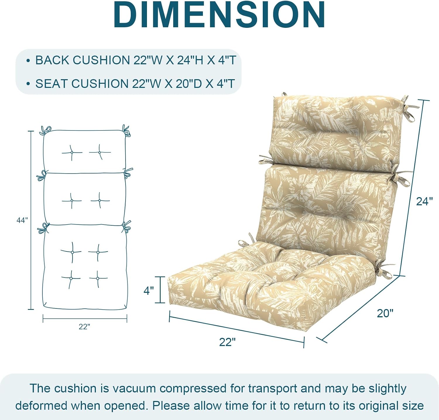 DYTXIII Outdoor High Back Chair Cushions Set of 2, Water Repellent Tufted Rocking Seat Cushions Replacement 44 x 22 Inch, Seat & Back Chair Pads for Patio, Balcony and Indoor Use -Tropical Leaf Oat
