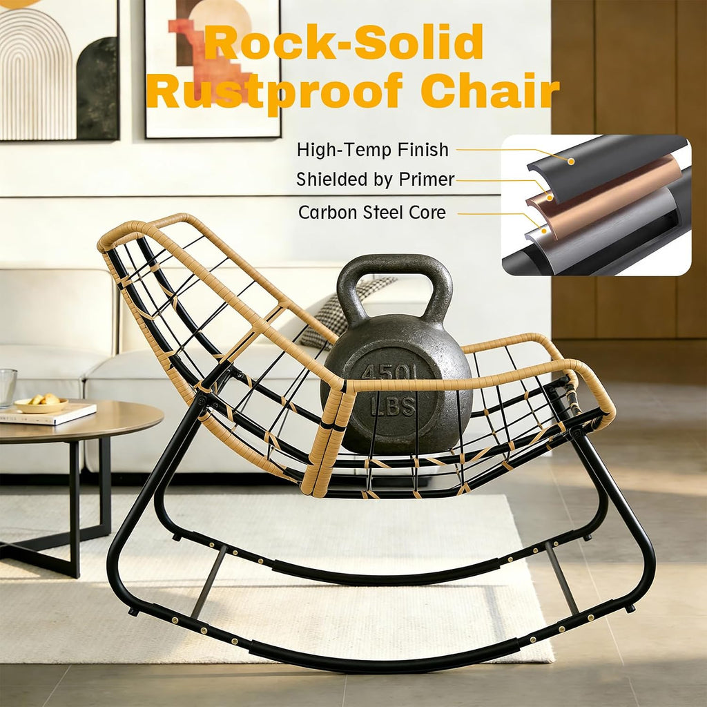 Outdoor Egg Rocking Chair, Patio Rocker Chair with Thick Cushion, Comfy Wicker Reading Lounge Chair Indoor Cozy Rocking Chairs for Patio, Balcony, Porch (Fabric, White, Modern)