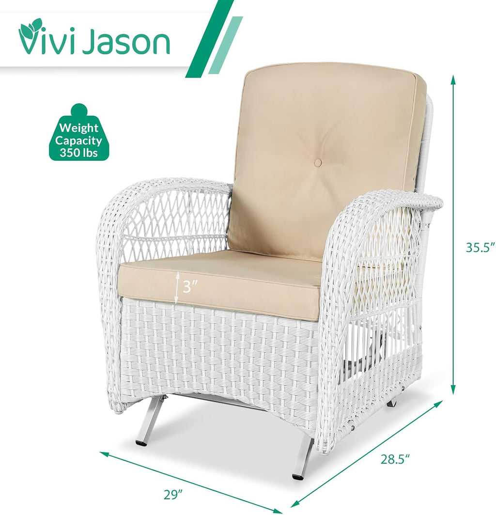 VIVIJASON 2-Piece Outdoor White Wicker Glider Rocking Chair, Patio Rattan Swing Glider Chairs with Cushions & Steel Frame, All-Weather Gliding Lawn Wicker Furniture for Garden Backyard Porch, Beige