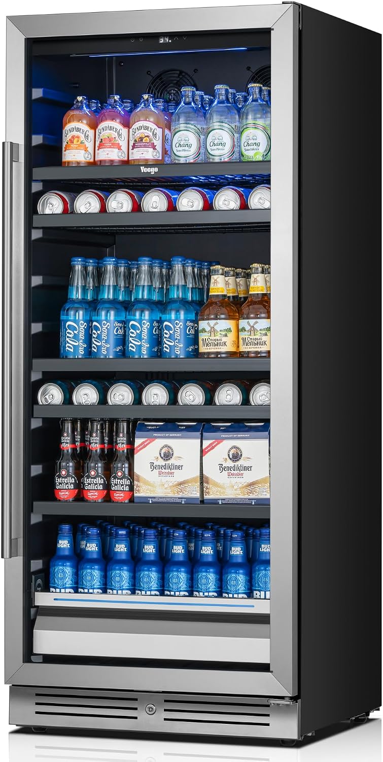 Yeego 24 Inch Beverage Refrigerator, 238 Can Built-In Beverage Cooler with Glass Door & Door Lock, Freestanding Drink Fridge with Digital Temperature Control for Soda, Beer & Wine, Kitchen or Home Bar