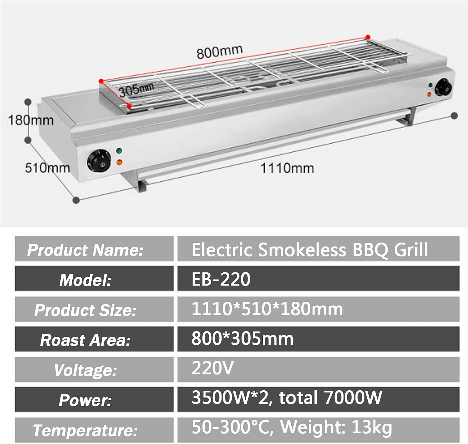 Smokeless Electric Portable BBQ Kebab Grill, Healthy Electric Grill with Adjustable Temperature and Drip Tray, Indoor and Outdoor Tabletop Grill (Eb 220)