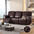 100% Waterproof PU Leather Sofa Slipcovers 8-Pieces Stretch Reclining Couch Covers for 2 Seat Anti-Slip Elastic Strap Furniture Protector for Kids, Pets (Brown, 3 Seater)