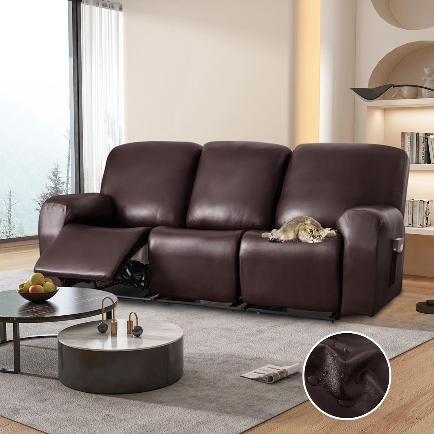 100% Waterproof PU Leather Sofa Slipcovers 8-Pieces Stretch Reclining Couch Covers for 2 Seat Anti-Slip Elastic Strap Furniture Protector for Kids, Pets (Brown, 3 Seater)