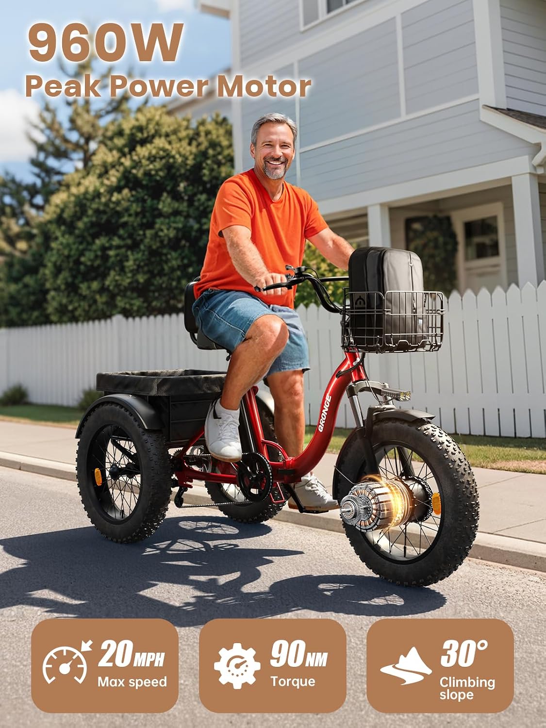 QRONGE Electric Tricycle for Adults 960W Peak, 36V 15AH Battery Ebike 50 Miles Range with Large Rear Basket, Electric Trike 20'*4' Fat Tire, Max 20MPH 3 Wheel Folding Electric Trike for Adults(Lava)