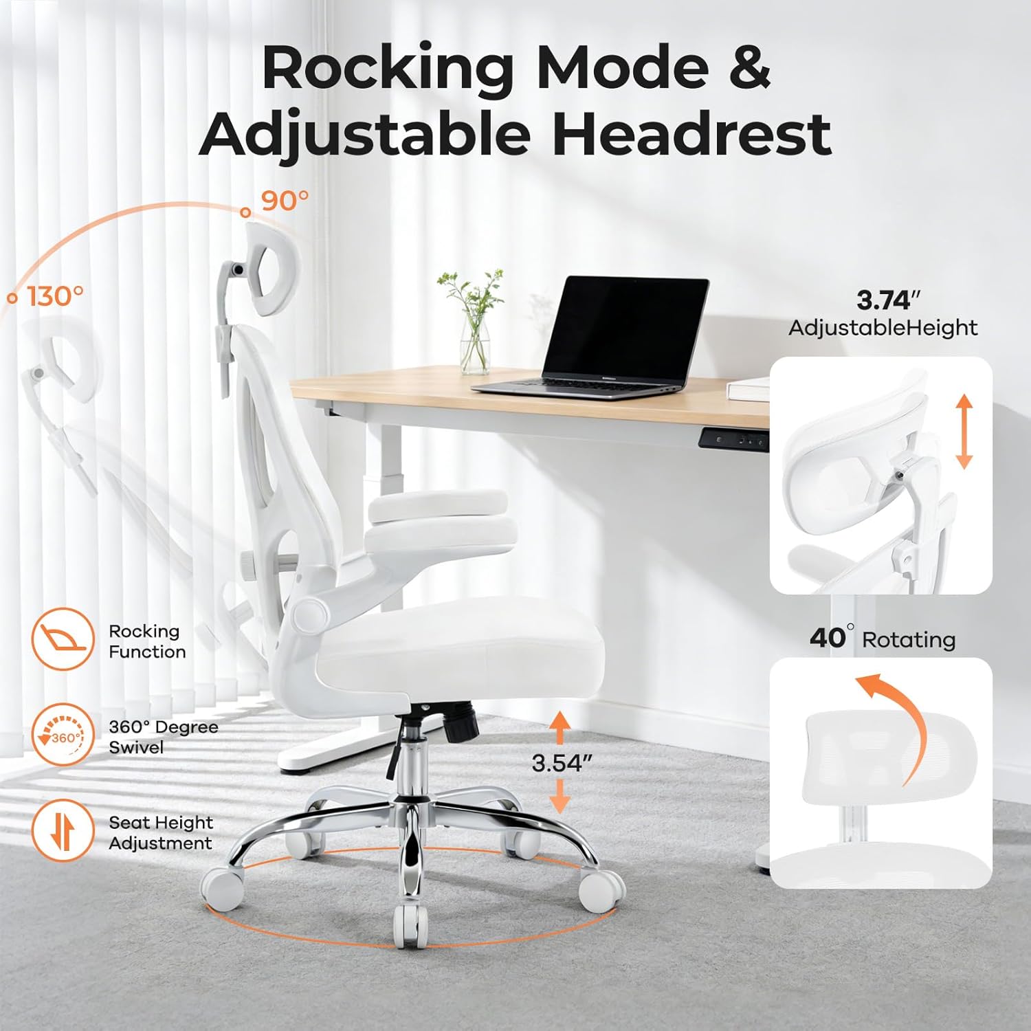 Office Chair Ergonomic Office Chair with Lumbar Support, Head Support, Rocking Function, FLIP-up Armrests, Mesh High Back Chair Home Office Desk Chair, Suitable for Home, Office, White