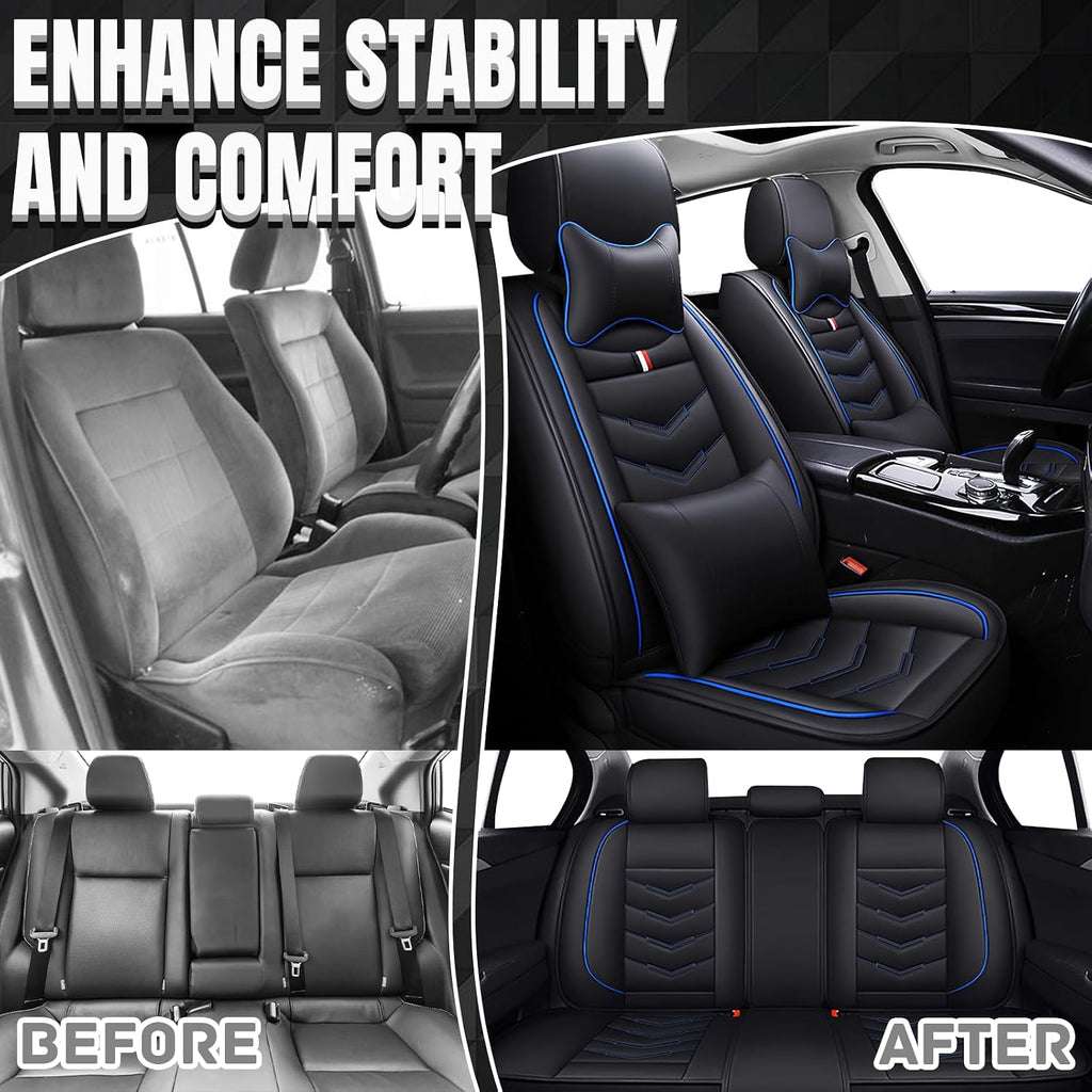 Car Seat Covers Fit for Chevy Suburban 2000-2025, Leather Seat Covers for Car, Waterproof Non-Slip Durable Car Seat Protector(5 Seats with Pillow,Black Blue)
