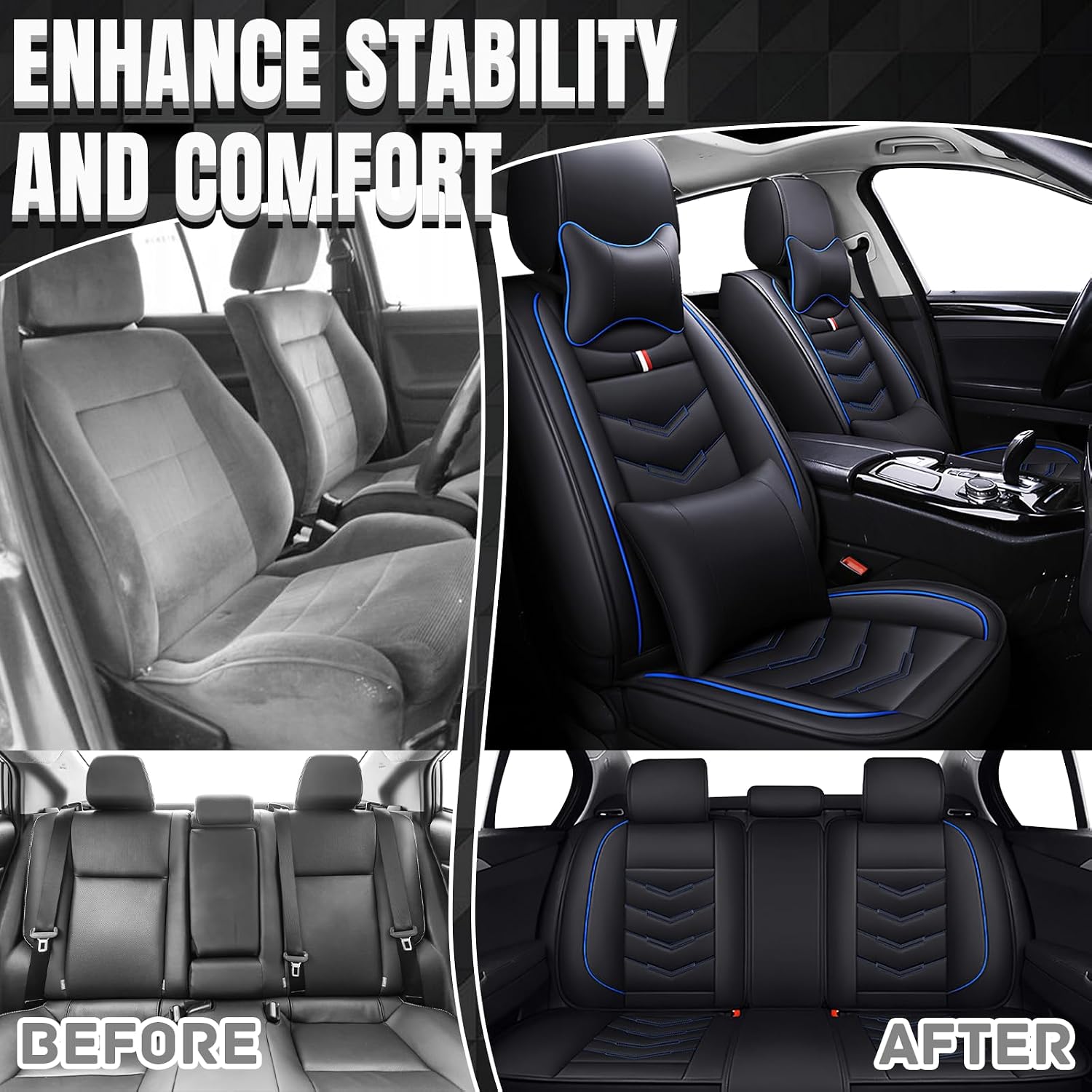 Car Seat Covers Fit for Chevy Suburban 2000-2025, Leather Seat Covers for Car, Waterproof Non-Slip Durable Car Seat Protector(5 Seats with Pillow,Black Blue)