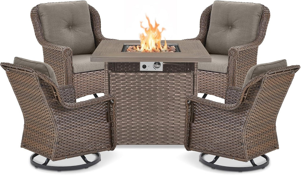 Outdoor Patio Swivel Gliders with Fire Pit Table 5 Piece Set - High Back Brown Wicker Rattan Rocking Chair with Thick Cushion for Porch Apartment Deck Yard Poolside Garden - Grey