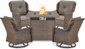 Outdoor Patio Swivel Gliders with Fire Pit Table 5 Piece Set - High Back Brown Wicker Rattan Rocking Chair with Thick Cushion for Porch Apartment Deck Yard Poolside Garden - Grey