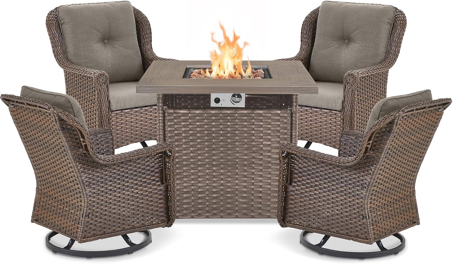 Outdoor Patio Swivel Gliders with Fire Pit Table 5 Piece Set - High Back Brown Wicker Rattan Rocking Chair with Thick Cushion for Porch Apartment Deck Yard Poolside Garden - Grey