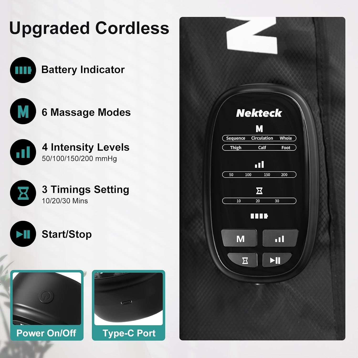Nekteck Cordless Air Compression Leg Massager with 6 Modes & 4 Intensities, Foot and Leg Massager for Circulation Improvement & Muscle Recovery, Gifts for Mom, Dad, Athletes (Dual Unit)-Small