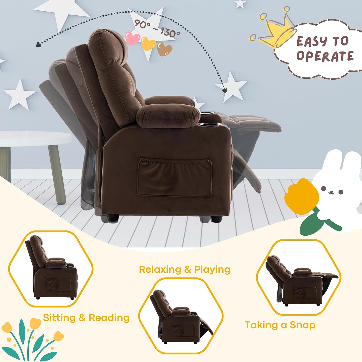 Donut Larger Kids Reclining Chair Velvet Fabric Recliner Sofa Push Back Lounge Children Toddler Boys Girls Ages 3-12 with Dual Cup Holders and 4 Pockets